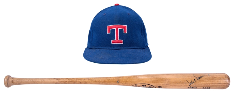 Lot of (2) Julio Franco Game Used and Signed Items from Texas Rangers Including 1991-1993 Louisville Slugger C235 Model Bat and Cap (PSA/DNA GU 8, JT Sports & Beckett)